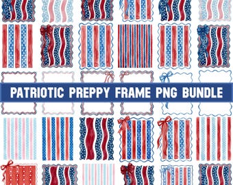 Patriotic Preppy Watercolor Frames PNG Bundle, USA Flag Bow Clipart (Digital Download)