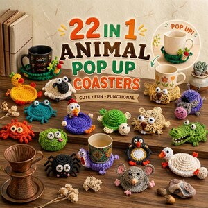 May include: A collection of twenty-two crocheted animal coasters featuring various creatures including a yellow duck, a green frog, a red crab, a black spider, a turtle, a penguin, and a mouse, designed to hold mugs and cups.