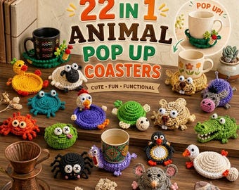 22-in-1 Animal Crochet Coaster Patterns, Mug Hugger Bundle, Animals Cup Holder (PDF + VIDEO TUTORIAL)