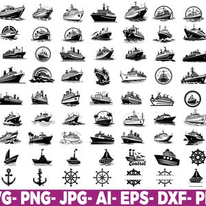 May include: A selection of black and white illustrations depicting different types of ships, such as cruise liners, sailboats, and other maritime vessels. The designs range in detail, with some having intricate lines and others being more basic. The image also features anchors, ship wheels, and the text "Cruise Control".
