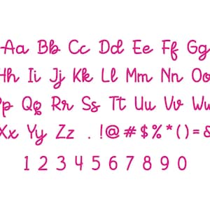 May include: A full alphabet and number set in a handwritten style, presented in a bright pink colour. The letters and numbers are shown against a clean white background, ideal for design projects.