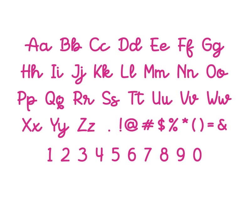 May include: A full alphabet and number set in a handwritten style, presented in a bright pink colour. The letters and numbers are shown against a clean white background, ideal for design projects.