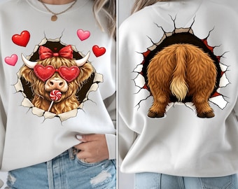 Valentine Highland Cow PNG, Heart Glasses, Funny Back Print (Digital Download)