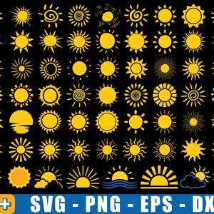 May include: A collection of over 60 yellow sun illustrations in various styles, including suns with rays, spirals, and smiling faces, set against a black background. The image also includes the text "60+ SVG - PNG - EPS - DXF" in blue and white.