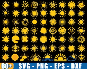 May include: A collection of over 60 yellow sun illustrations in various styles, including suns with rays, spirals, and smiling faces, set against a black background. The image also includes the text "60+ SVG - PNG - EPS - DXF" in blue and white.