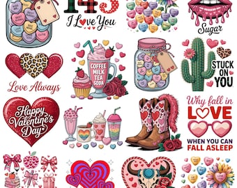 Retro Valentine Clipart PNG Bundle, Love Quotes, Cactus, Boots (Digital Download)