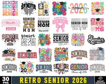 Retro Senior 2026 PNG Bundle, Graduation Sublimation Designs (Digital Download)