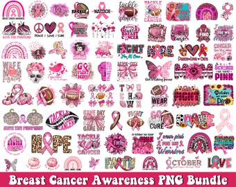 Breast Cancer Awareness PNG Bundle, Pink Ribbon, 70+ Designs (Digital Download)
