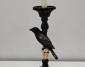 Raven on skull candle holder – gothic Halloween home decor gift