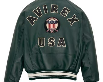 Men's Dark Green Leather Bomber Jacket: Avirex Style Aviator Flight Jacket