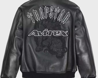 Giubbotto bomber in pelle nera Trapstar x Avirex – Giacca college Dragon