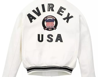 Chaqueta bomber Avirex de cuero auténtico blanco para hombre: estilo americano