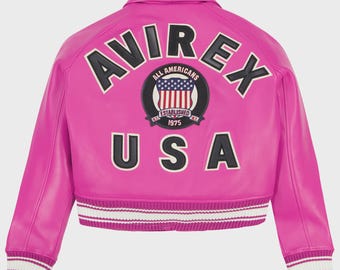 Avirex Women's Pink Leather Bomber Jacket: Cropped Varsity Style