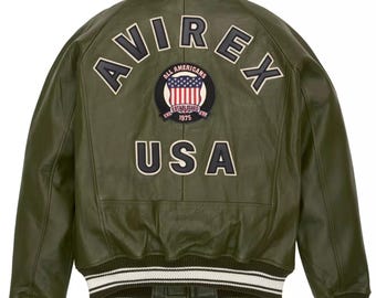 Chaqueta bomber de cuero verde oliva: Chaqueta de aviador Avirex para hombre