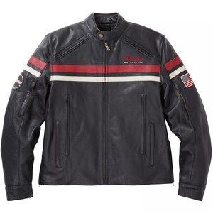 May include: Black leather motorcycle jacket with red and white stripes across the chest. Features a small American flag patch on the right sleeve and a circular patch on the left sleeve. The jacket has a zip-up front and a small collar.