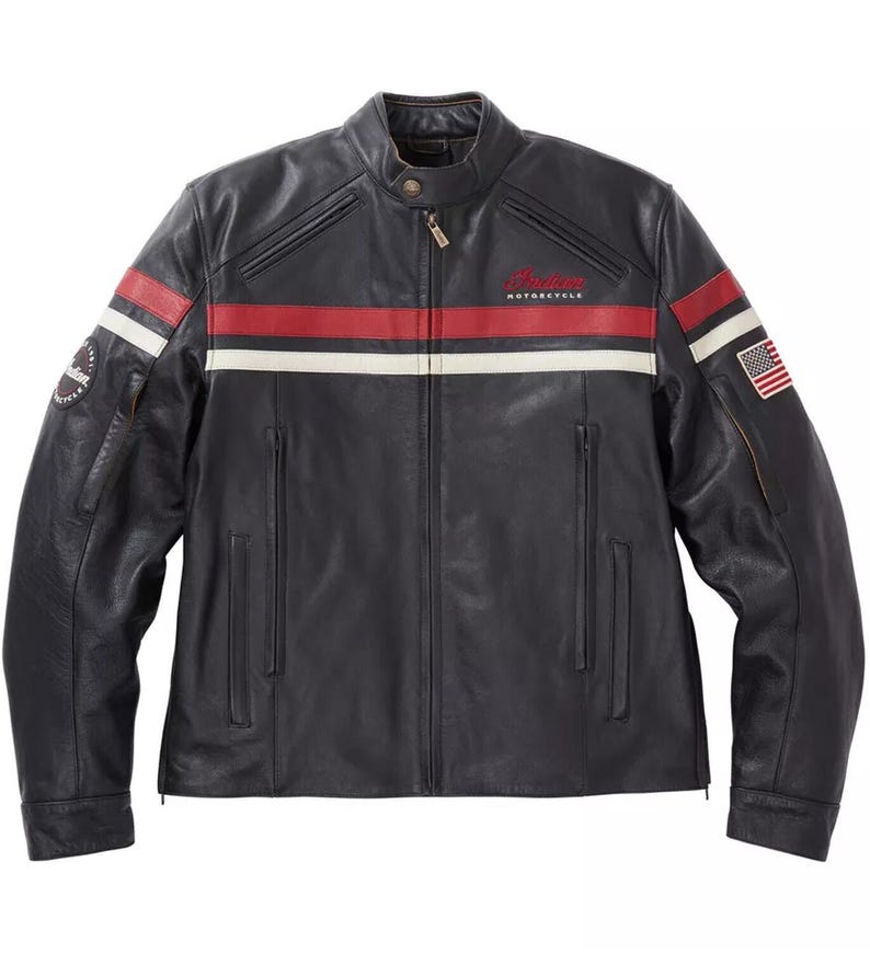 May include: Black leather motorcycle jacket with red and white stripes across the chest. Features a small American flag patch on the right sleeve and a circular patch on the left sleeve. The jacket has a zip-up front and a small collar.