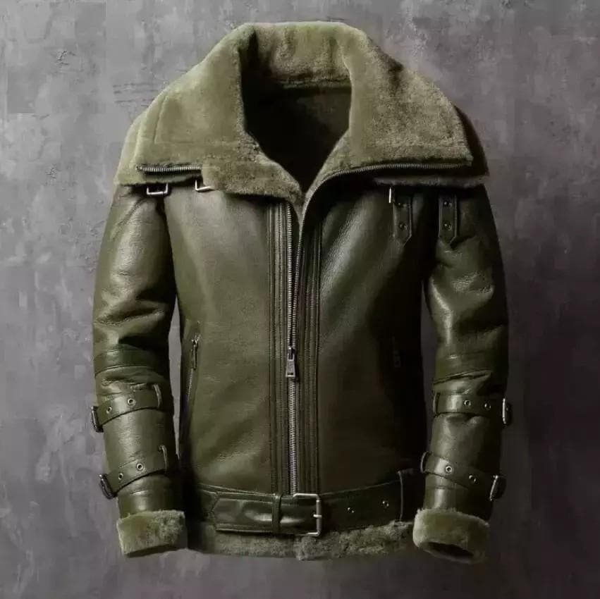 Men's Faux Shearling Leather Jacket – Aviator Style Winter Bomber Jacket | Distressed Olive Green B3 Pilot Coat with Fur Lining Jacket