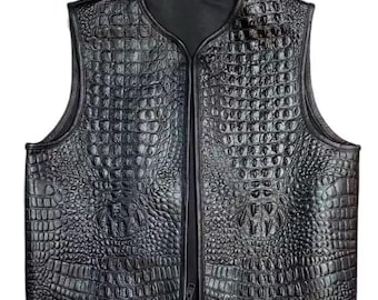 Men’s Black Crocodile Embossed Leather Vest – Sleeveless Biker Western Gilet | Leather Waistcoat for Motorcycle, Gothic & Streetwear Fashion