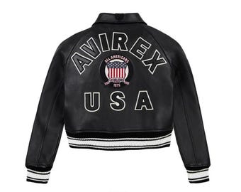 Women's Black Leather Cropped Varsity Jacket: Retro Avirex Bomber