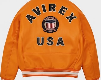 Chaqueta bomber de cuero naranja Avirex: Chaqueta de aviador retro para hombre