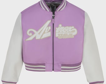 アビレックス パープルレザー バーシティジャケット：クロップド レトロ ボンバー