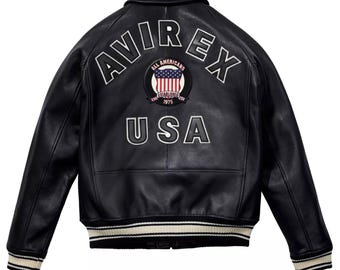 Chaqueta bomber de cuero Avirex negra para hombre: estilo retro americano
