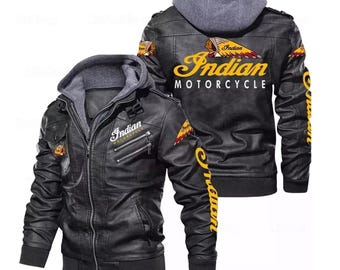 Men&#39;s Indian Motorcycle Leather Jacket – Vintage Biker Bomber Jacket with Hood | Retro Style Leather Moto Jacket | Gift for Bikers & Riders