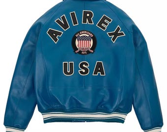 Himmelblaue Leder Bomberjacke: Herren Avirex Aviator Style