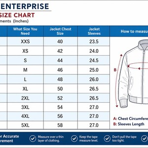 May include: A men's size chart from Mir Enterprise, with measurements in inches. The chart includes chest size, jacket size, and sleeve length, with a diagram illustrating how to measure. The chart ranges from 36-38 inches to 54-56 inches.