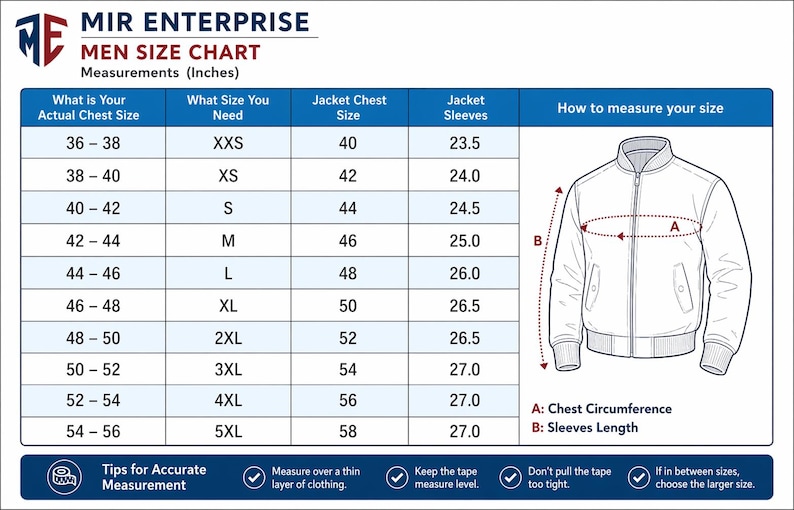 May include: A men's size chart from Mir Enterprise, with measurements in inches. The chart includes chest size, jacket size, and sleeve length, with a diagram illustrating how to measure. The chart ranges from 36-38 inches to 54-56 inches.