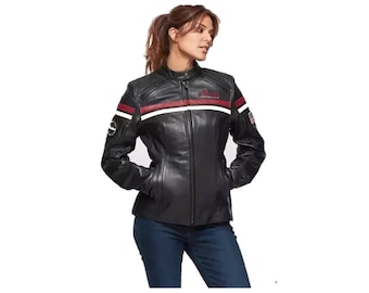 May include: Black leather motorcycle jacket with red and white stripes across the chest and sleeves. The jacket has a zip-up front, pockets, and a small logo on the chest. The jacket is worn with blue jeans.