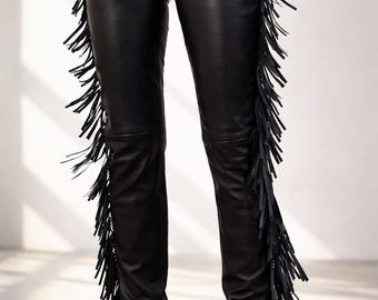 Leren broek met franje voor dames – hoge taille western bikerbroek, cowgirl festivalbroek, rodeo boho feestoutfit, cadeau voor haar