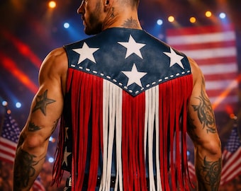 Chaleco de cuero con flecos y la bandera estadounidense – Atuendo motero para festivales de rodeo del oeste de EE. UU., chaleco vaquero patriótico, disfraz de estilo americano inspirado en Beyoncé