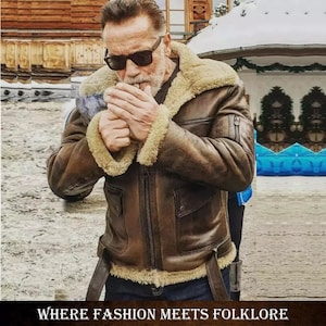 Men&#39;s Faux Shearling Sheepskin Bomber Jacket | Vintage B3 Aviator Flight Jacket | Pilot Style Winter Coat | Distressed Brown Leather Jacket