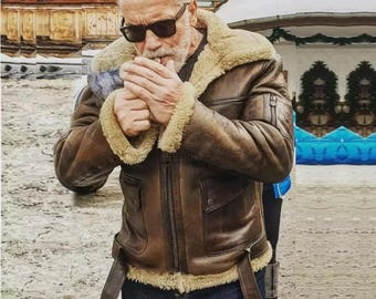 Men&#39;s Faux Shearling Sheepskin Bomber Jacket | Vintage B3 Aviator Flight Jacket | Pilot Style Winter Coat | Distressed Brown Leather Jacket