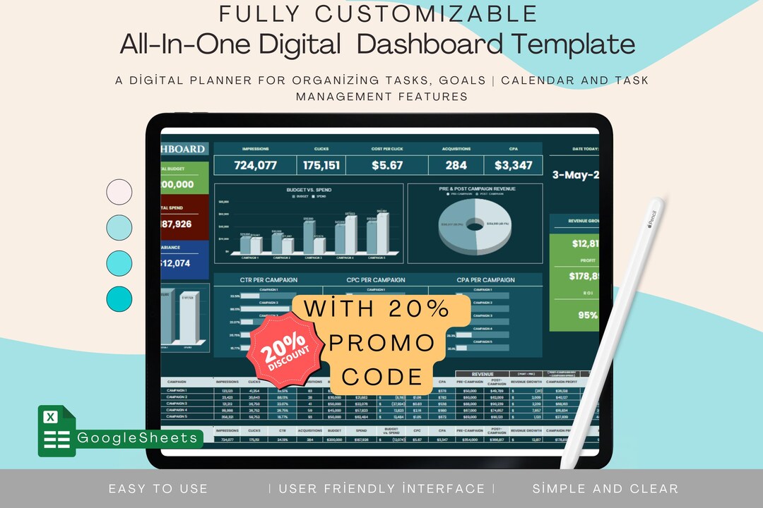 Dashboard Template, Editable Google Sheets, Digital Download for ...