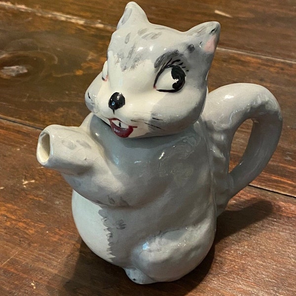Squirrel Teapot Hand Painted Tea Pot Vintage Gray Squirrel