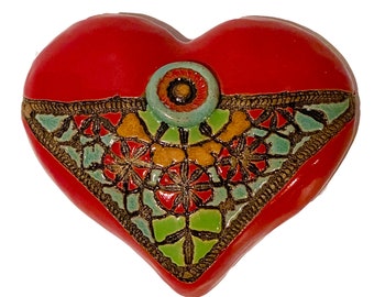 Laurie PollPeter Eskenazi HEART Blanket Stitch and Button Ceramic Wall Art