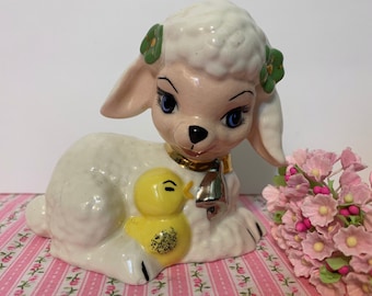 Lamb Figurine with Little Chick Friend Vintage Lamb Easter Chick Retro