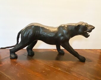 Black Panther Leather Wrapped Sculpture Vintage MCM Big Cat Black Cat
