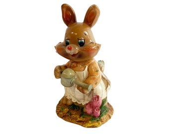 Gardening Bunny Rabbit Figurine Vintage Plastic Resin Rabbit with Watering Can and Apron