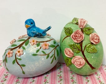 Ceramic Eggs with Bluebird Dogwood Tree Flowers Roses set of Two Eggs