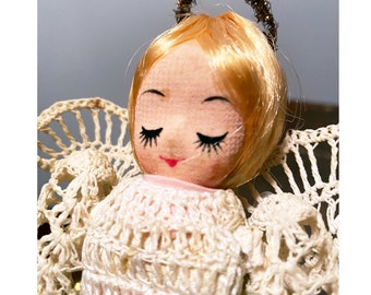 Vintage Angel Tree Topper Made in Japan Bradley Doll Like Angelic Doll with Lacey Crochet Dress