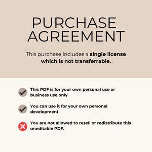 May include: A digital document titled "PURCHASE AGREEMENT" on a beige background. The text states the purchase includes a single, non-transferable license. Bullet points clarify usage rights: personal or business use, personal development, and restrictions against resale of the uneditable PDF.