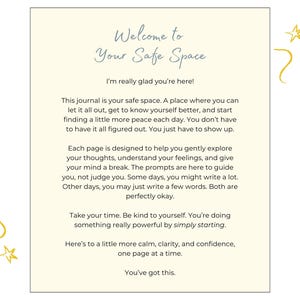 May include: A journal with the text "Welcome to Your Safe Space" in a handwritten font. The journal's pages contain text about self-reflection and finding peace. Gold star doodles decorate the top of the page.