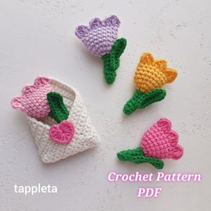 Liebesbrief mit Tulpen häkeln, Mini Tulpe häkeln, Valentinstag Briefumschlag, kleines Geschenk handgemacht, Galentinische Gastgeschenke, Muttertagsgeschenk