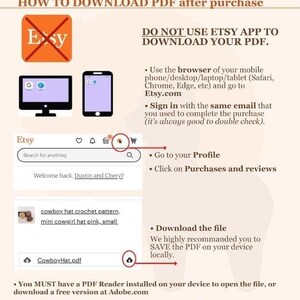 May include: A guide from tappleta.etsy.com on how to download a PDF after purchase. The image includes instructions to download the PDF file using a browser on a computer or mobile device, not the Etsy app. The guide also shows how to find the file in your profile.