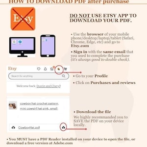 May include: A beige graphic with instructions on how to download a PDF from Etsy after purchase. The text includes steps for using a browser, signing in, and downloading the file. The Etsy logo is visible.