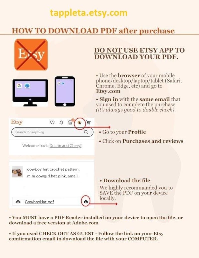 May include: A beige graphic with instructions on how to download a PDF from Etsy after purchase. The text includes steps for using a browser, signing in, and downloading the file. The Etsy logo is visible.