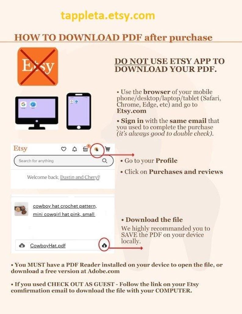 Op de afbeelding: Een beige afbeelding met instructies over het downloaden van een PDF van Etsy na aankoop. De tekst bevat stappen voor het gebruik van een browser, het inloggen en het downloaden van het bestand. Het Etsy-logo is zichtbaar.